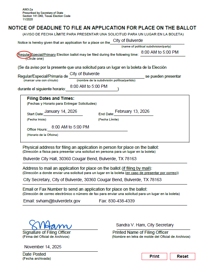 Notice of Deadline To File Applications For Place On The Ballot